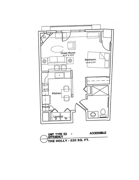 A floor plan of a 620 square feet unit with a kitchen, pantry and two bedrooms.